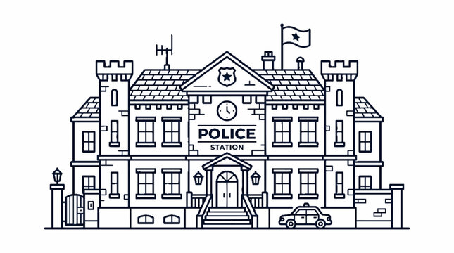 Police Station Building Exterior Line Art Illustration - Law Enforcement Headquarters