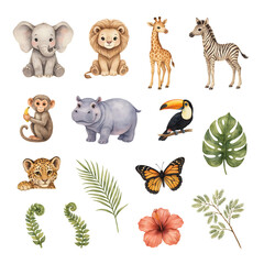 Obraz premium Elephant, lion, giraffe, zebra, monkey, hippo, and toucan appear as a vibrant set of watercolor safari animal illustrations.