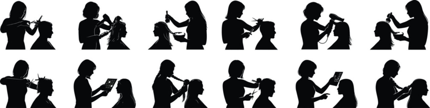 Hair salon professional silhouettes featuring stylists cutting coloring and styling hair for male clients.