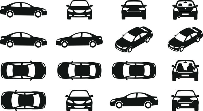 Isometric and multi angle sedan vehicle projection silhouettes bundle for transport layout designs and schematic automobile planning