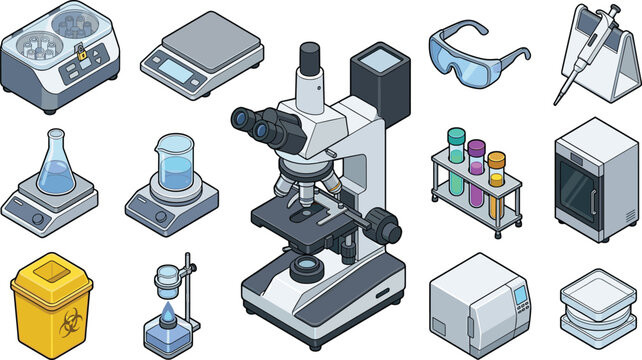 Scientific Laboratory Equipment Collection Featuring Microscope Test Tubes Glassware and Research Instruments Vector Set