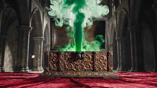 Ornate Antique Wooden Chest Emitting Glowing Emerald Green Smoke on Red Velvet