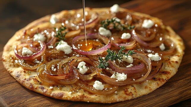 Caramelized onion gourmet flatbread with goat cheese crumbles and fresh thyme, golden honey drizzle on rustic wooden surface, premium restaurant quality