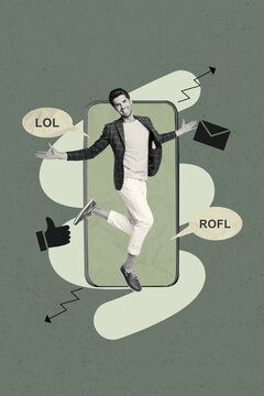 Trend mockup collage of person stand jump front smartphone screen with lol rofl speech like email on khaki background