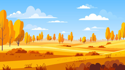 Obraz premium Autumn beautiful field landscape. Bright colorful hills and trees during harvest season, blue sky and clouds. Vector illustration of autumn nature.