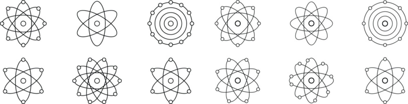 Abstract atom model and nucleus structure icons set showing electron orbits in various scientific patterns.