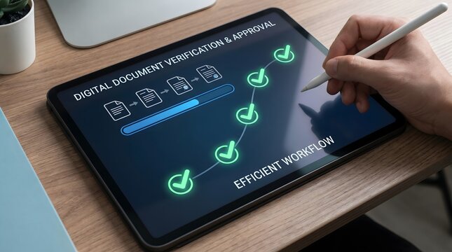 A hand verifies digital documents on a tablet with a stylus on a wooden desk in an office