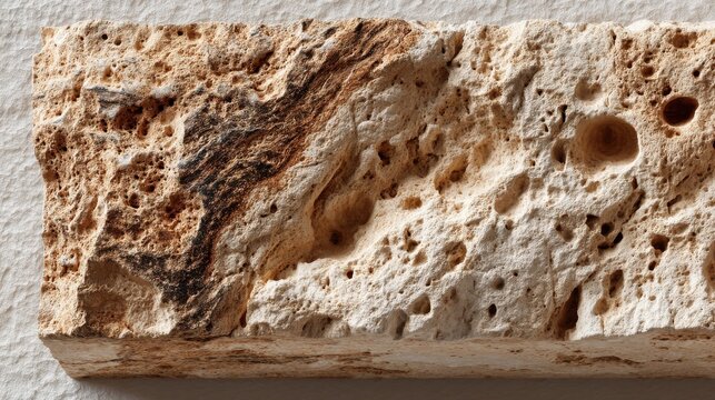 Beige stone samples middle aged woman presenting limestone samples wavy hair neutral look cream stone fossil details chest level natural tones realistic face professional studio lighting high contras