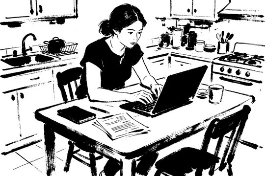 Woman working on laptop kitchen table
