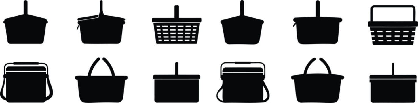 Shopping basket and picnic hamper silhouettes for retail commerce and outdoor dining equipment collection.