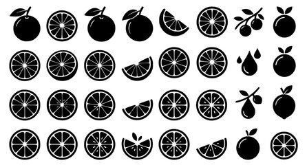 Fototapeta premium Black Citrus Fruit Silhouette Icons with Whole Half and Slice Shapes