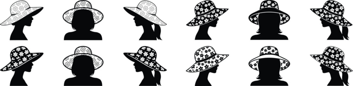 Women wearing floral wide brim sun hats in side and front profiles isolated on transparent design backdrop.