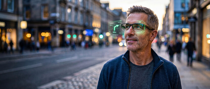 Man wearing smart glasses with augmented reality navigation overlay on a city street at dusk, showcasing futuristic technology and urban exploration. smart glasses, augmented reality, ar