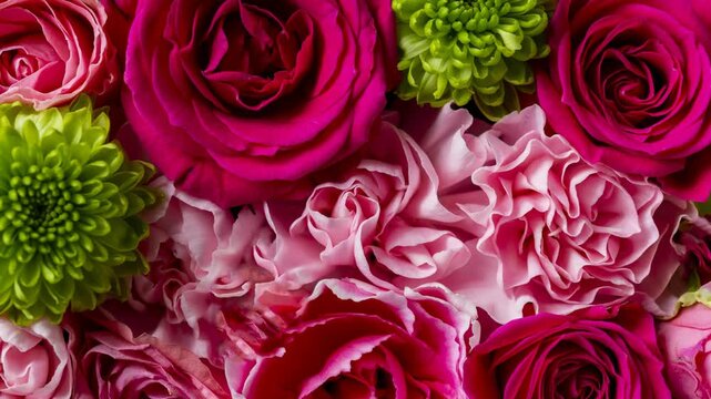 Colorful bouquet of red roses green blooms and pink ruffled carnations
Shared 