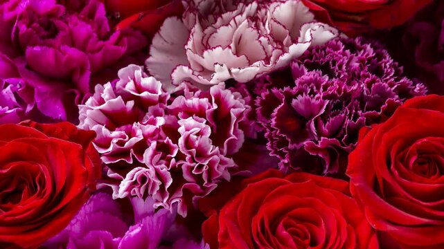 Red roses and pink carnations layered togeth