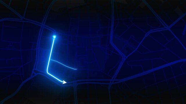 Blue neon route line moving through Leipzig streets