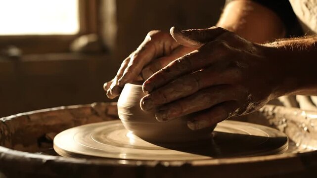 Artisan hands shaping clay on a spinning pottery wheel