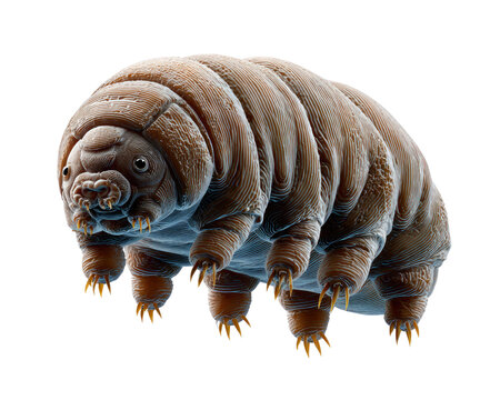 Tardigrade Magnified: A microscopic tardigrade, also known as a water bear, is captured in extreme close-up, showcasing its segmented body, eight clawed legs, and unique mouthparts.