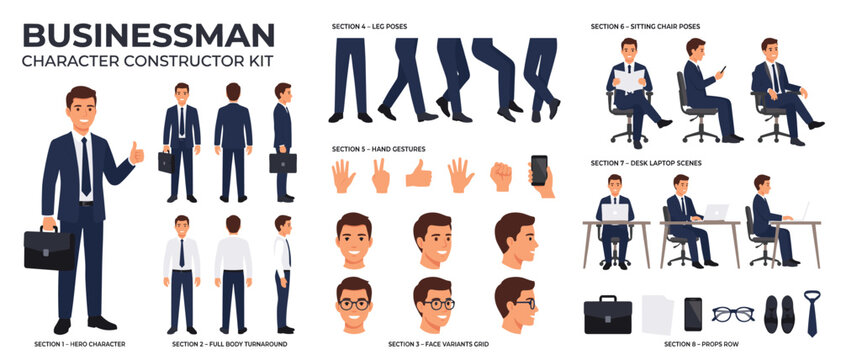Businessman character constructor kit vector set with full body turnaround, face variants, hand gestures, leg poses and desk scenes in flat style for animation or presentation
