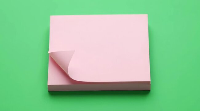 Stack of Pink Sticky Notes with a Curled Edge Against a Bright Green Background