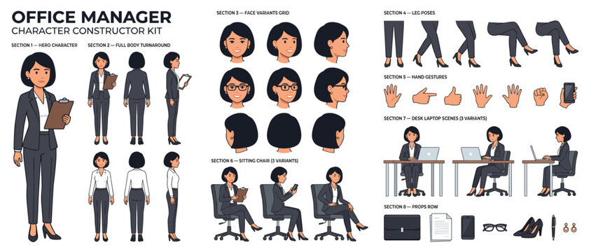 Office manager female character constructor kit vector with full body turnaround, face variants, hand gestures, leg poses and sitting scenes in flat style for business presentation
