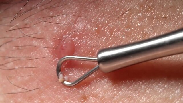 Pimple extraction with metal loop comedone tool on inflamed skin