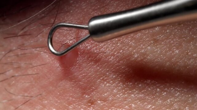Close up of metal loop tool extracting acne blemish from human skin