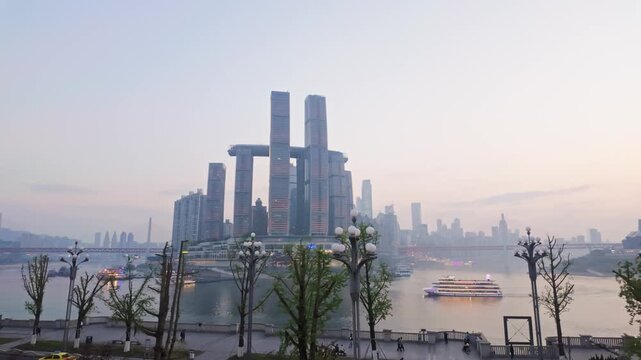 Skyline Of Chongqing City Along Yangtze River In China - Panning Shot