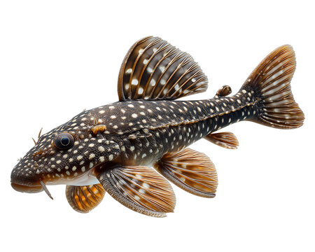 Plecostomus Fish in Profile: A detailed close-up captures the unique patterned beauty of a plecostomus fish, showcasing its distinctive fins and spotted body.