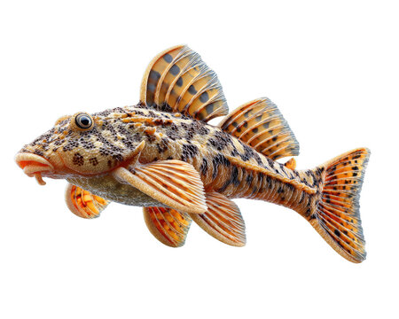 Pleco Fish: A detailed close-up of a plecostomus fish, showcasing its unique camouflage pattern, intricate fin details, and vibrant orange accents against a clean backdrop.