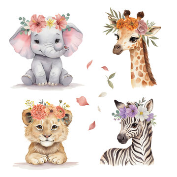 Elephant, giraffe, lion, and zebra cubs are depicted as adorable watercolor illustrations wearing colorful floral crowns for nursery wall art.