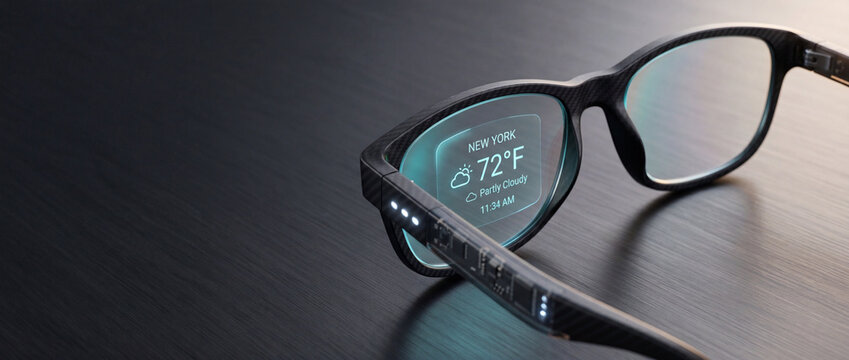 Futuristic smart glasses displaying New York weather and time on a carbon fiber frame with glowing LEDs, set against a dark, textured background with soft lighting