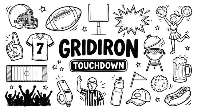 Gridiron touchdown American football doodle set with helmet, jersey, referee, cheerleader and tailgate elements for sports party poster, banner or game day social media graphic