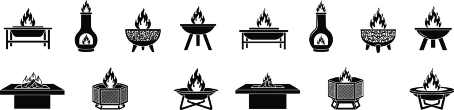 Set of fire pit silhouettes isolated on transparent background for outdoor patio and garden design plans.