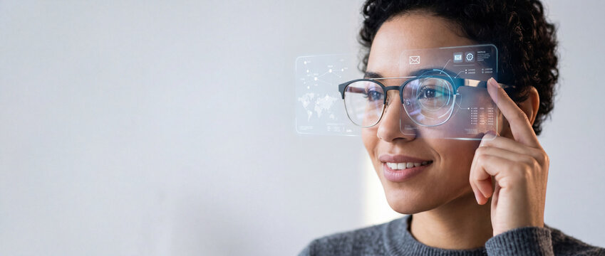 Close-up of a woman wearing augmented reality glasses displaying a holographic interface with world map and data, touching the side of the frame, with a soft, bright background