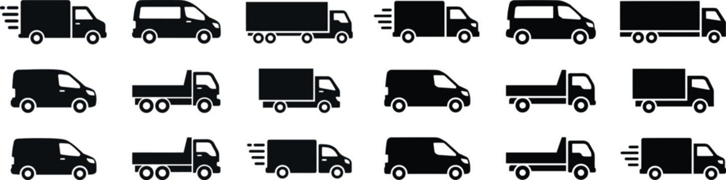 Delivery truck and commercial van logistics icons set representing transport shipping and freight services.