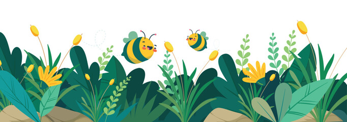 Cute bees flying above green grass and flowers in sunny garden on white background flat vector illustration.
