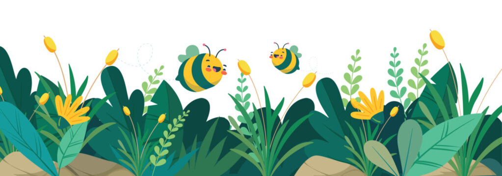 Cute bees flying above green grass and flowers in sunny garden on white background flat vector illustration.
