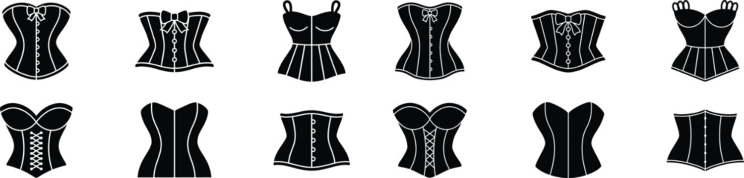 Elegant corset collection featuring various styles of vintage lingerie and bodices for fashion design projects.