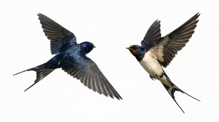Obraz premium Two barn swallows flying towards each other isolated on white background
