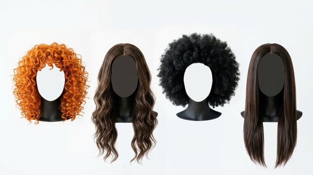 Set of four different hair wigs on mannequin heads isolated on white background