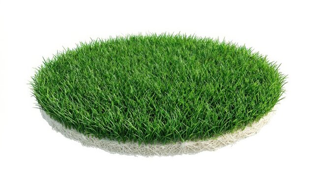 Circular patch of lush green grass with visible root system isolated on white background