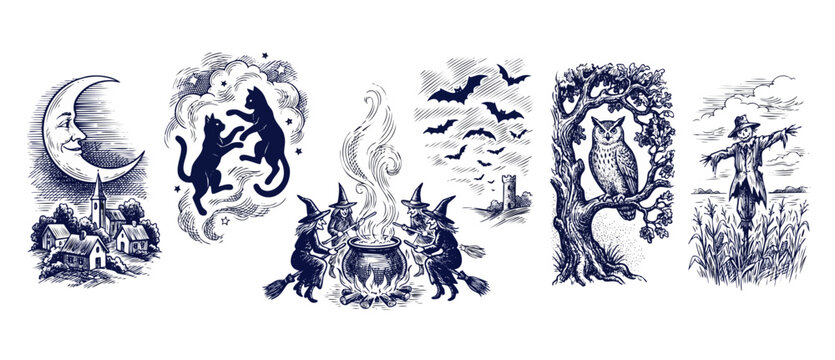 Vintage Halloween engraving illustration set spooky witches at cauldron black cats flying bats crescent moon over village owl in tree scarecrow in cornfield antique woodcut magical occult folklore art