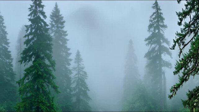A dense coniferous forest shrouded in the morning mist, a mysterious backdrop for environmental projects and meditation apps.
