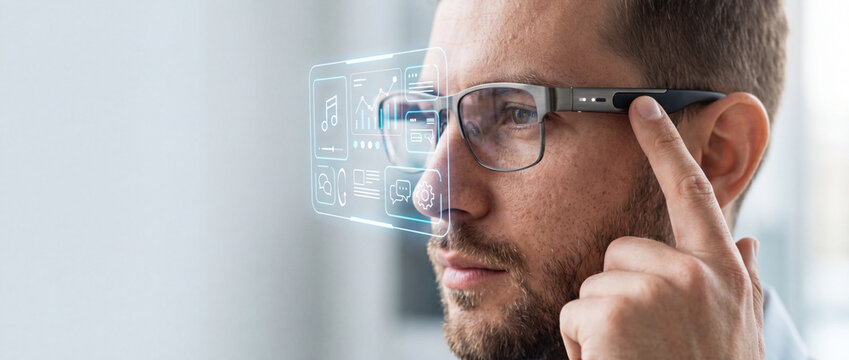 Man wearing smart glasses with augmented reality interface displaying icons and data, interacting with technology in a modern setting with soft lighting