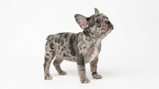 Adorable merle french bulldog puppy standing isolated on white background