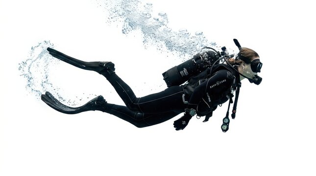Scuba diver swimming underwater isolated on white background