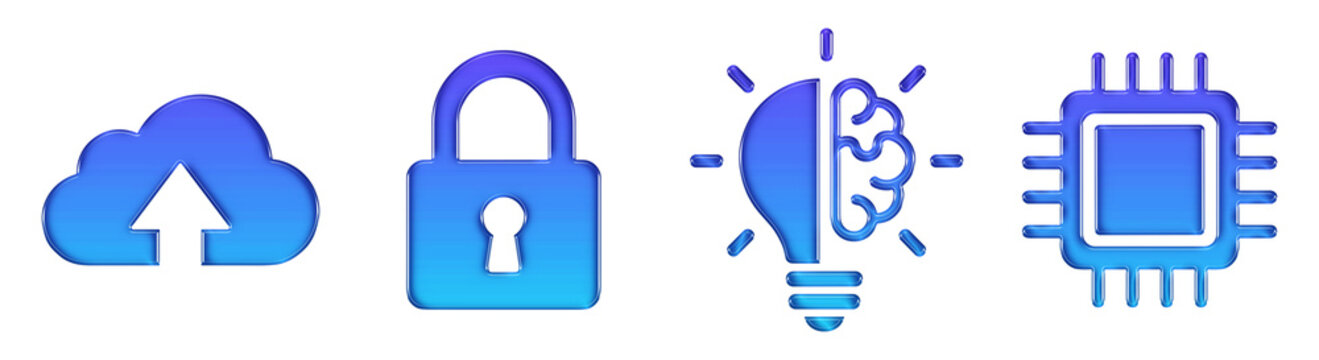 Cloud upload lock brain chip 3D Glossy Gradient Icon Set. Transparent PNG