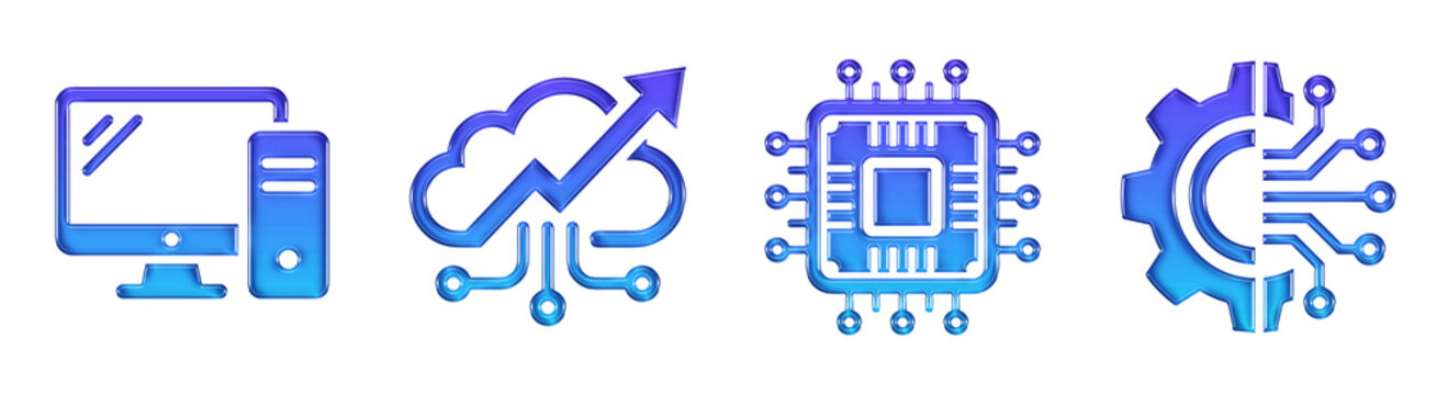 Computer Cloud Processor Gear 3D Glossy Gradient Icon Set. Transparent PNG