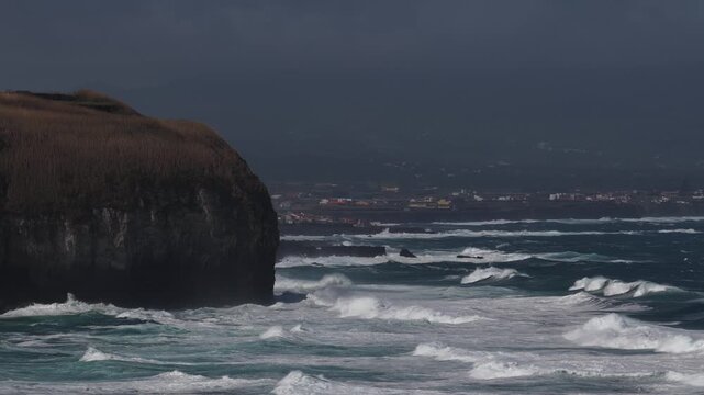 Aerial Shot of Rough Ocean Waves Breaking on Azores Coastline